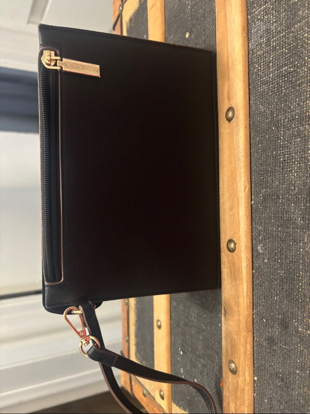 Anne Klein Black Leather Wristlet Clutch with Gold Hardware